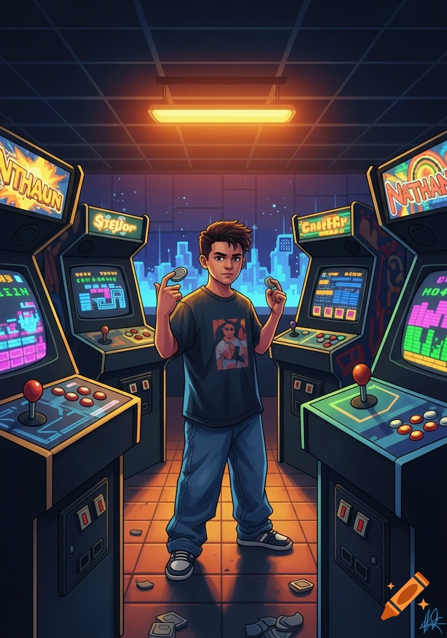 An illustrated boy in an arcade, holding tokens, standing between retro gaming machines with a neon city skyline in the background.