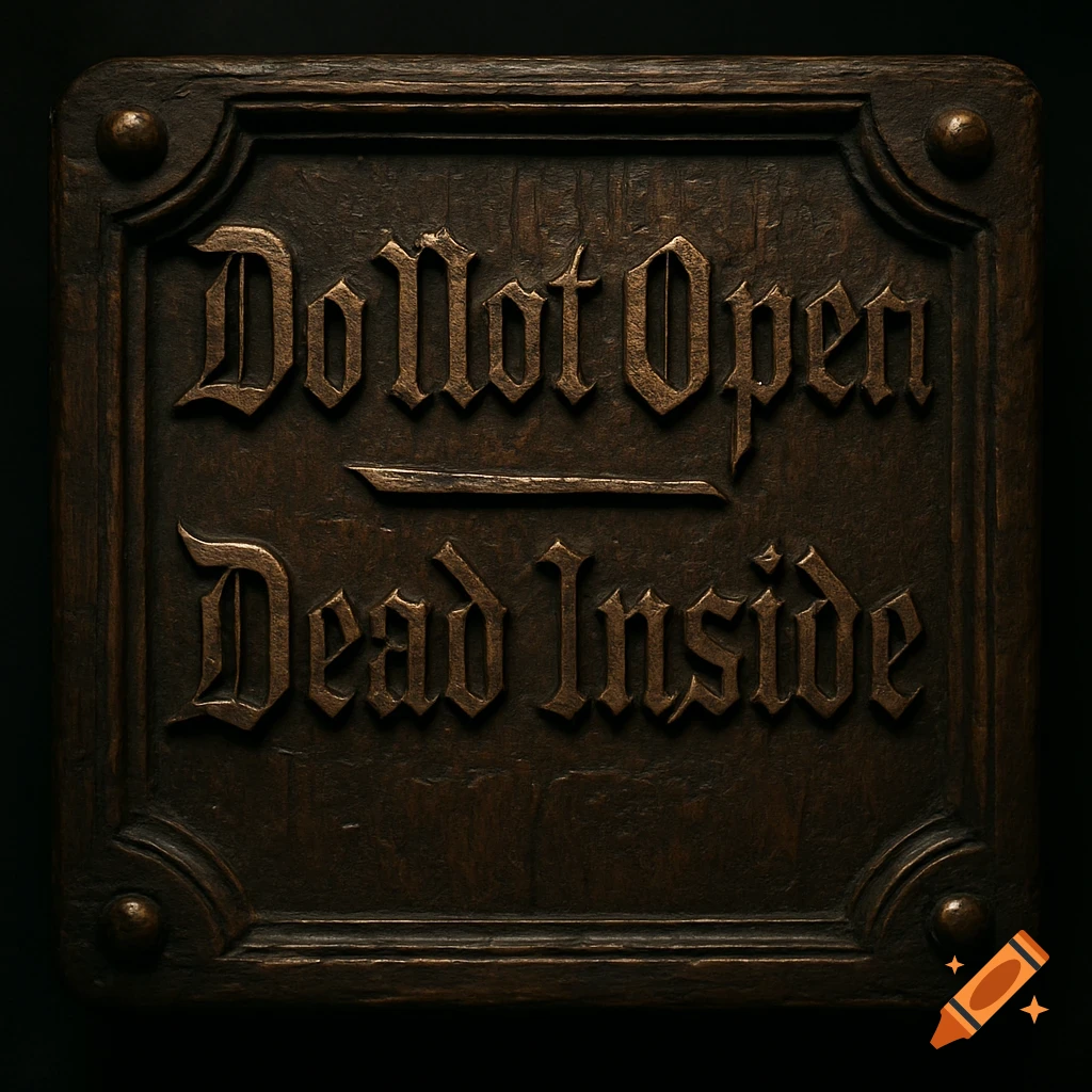 A dark, ornate wooden sign with raised text 'Do Not Open Dead Inside' in an old English font.