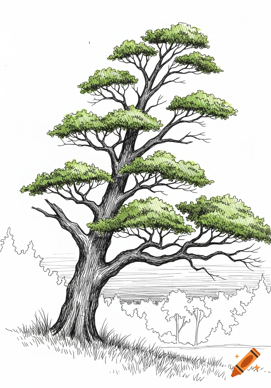 Detailed sketch of a large, gnarled tree with green foliage, leaning slightly, against a white background.