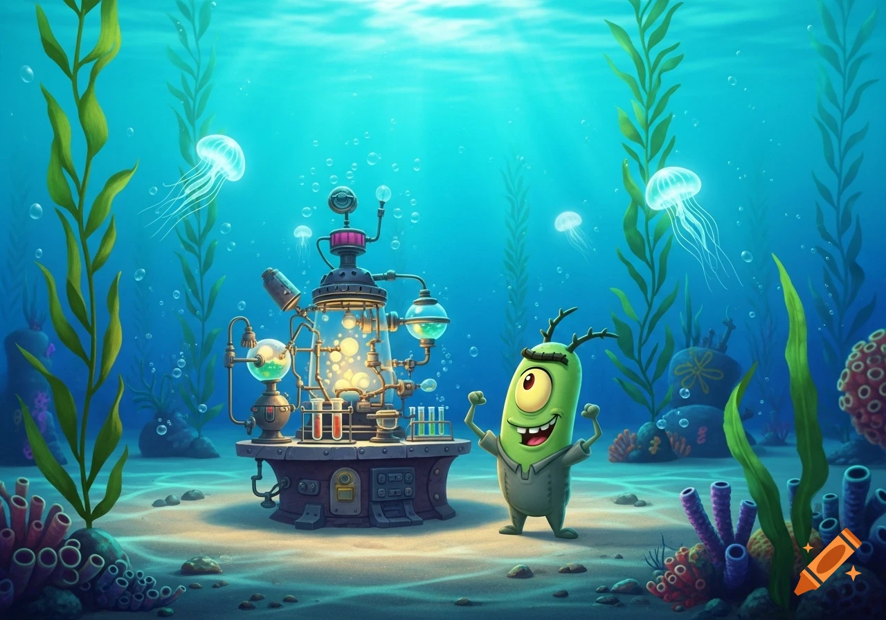 Plankton, a small green cartoon character, stands next to a bubbling science lab on the sandy ocean floor amidst jellyfish and seaweed.
