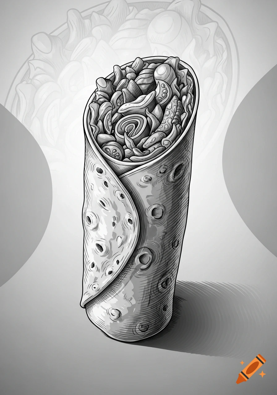 Grayscale illustration of an upright döner wrap with visible fillings and texture.