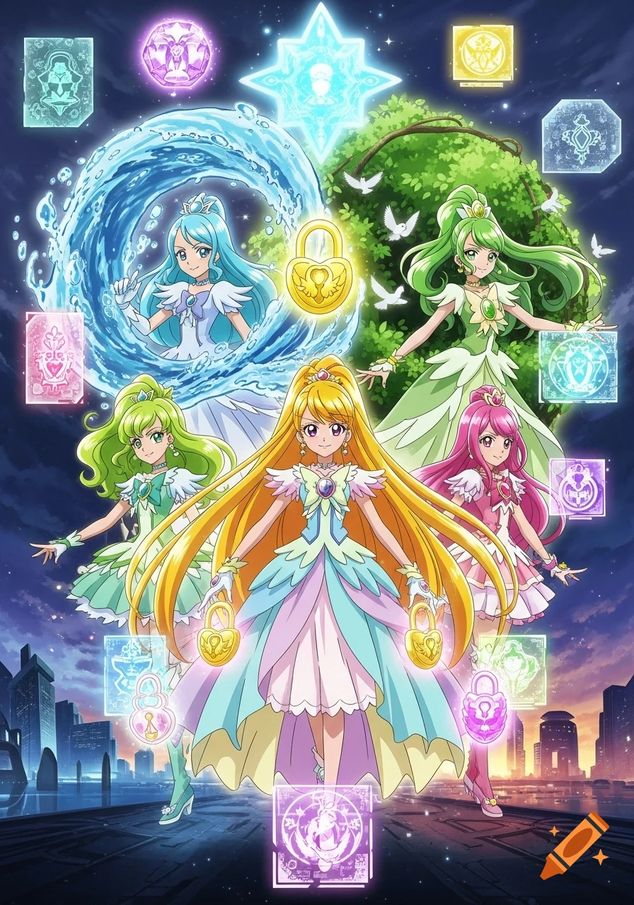 Five anime magical girls in colorful dresses, holding golden locks, surrounded by magical effects against nature and a city.