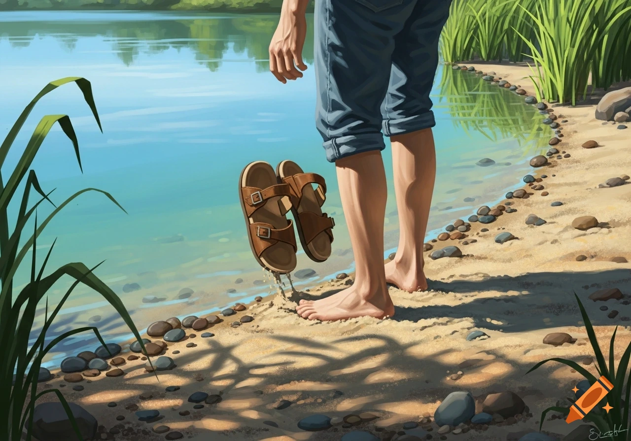 A person stands barefoot on a sandy lakeshore, holding brown sandals with grass and water in the background.