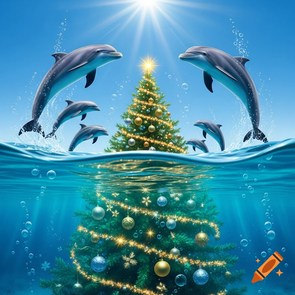 Dolphins leaping out of a sunny blue ocean, surrounding a decorated Christmas tree visible both above and below the water.