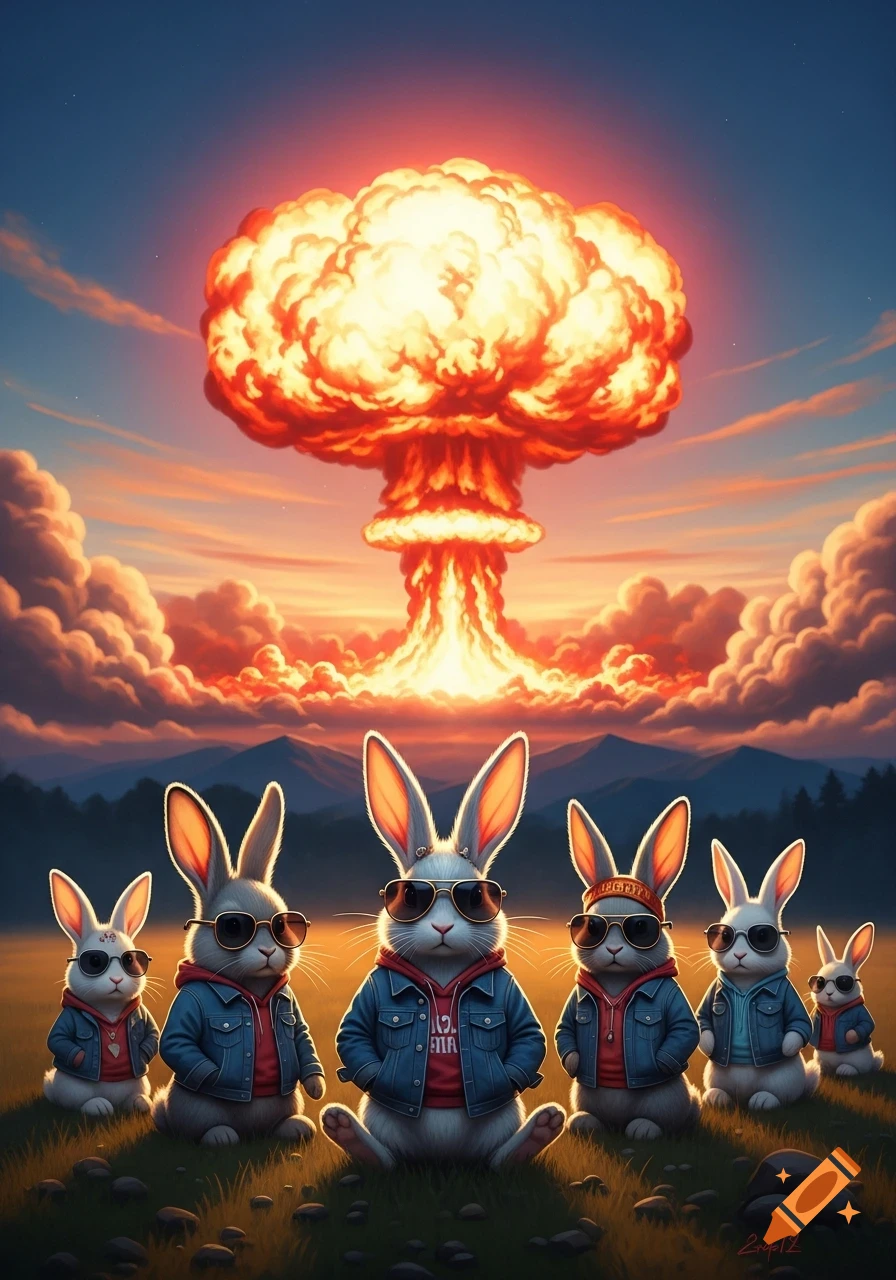 A group of cool rabbits wearing sunglasses and denim jackets sit in a field with a large, orange mushroom cloud from an atomic explosion in the background.