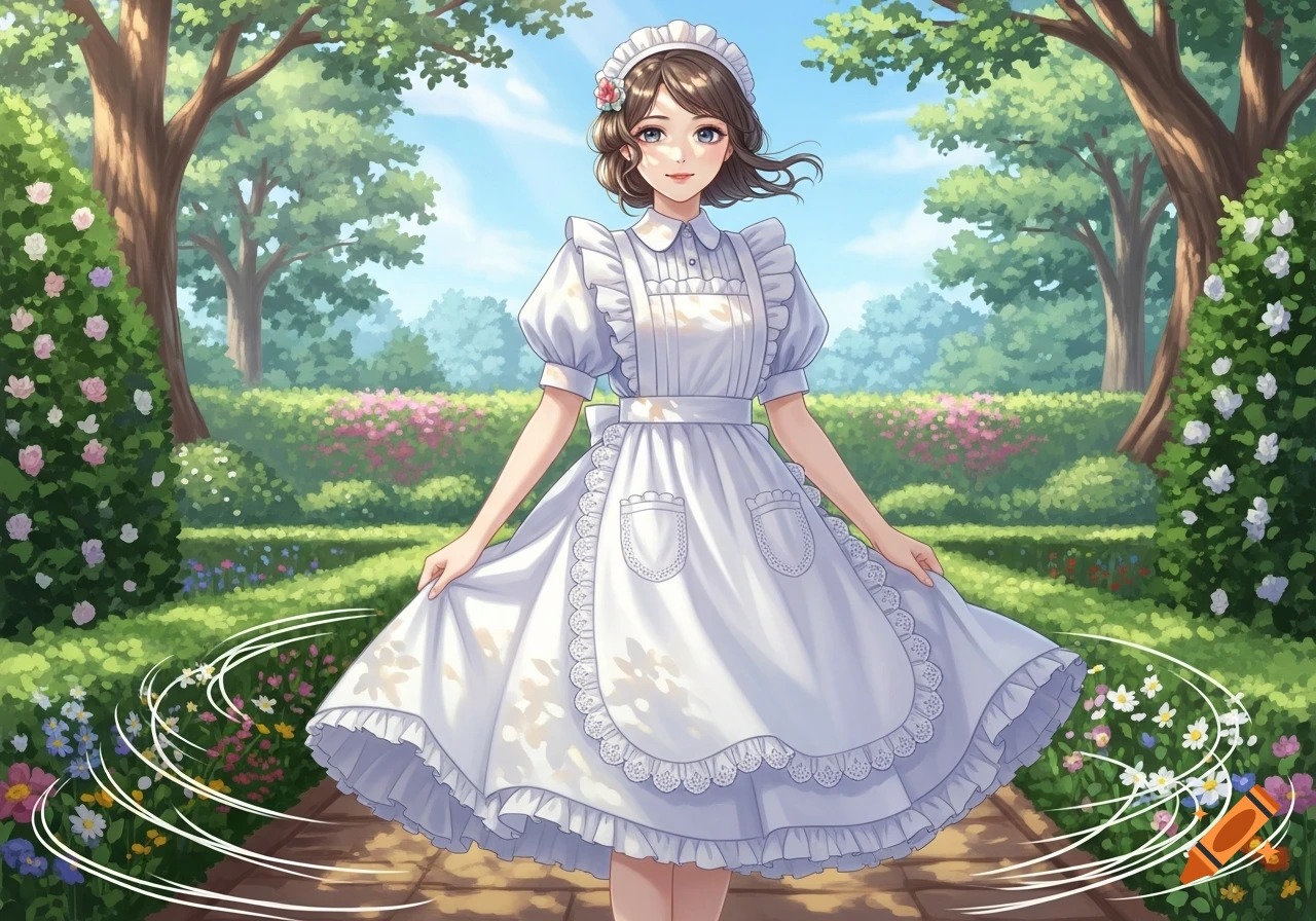An anime girl in a pristine white maid dress with lace trim stands in a vibrant garden, holding her skirt.