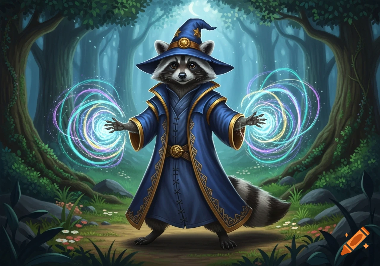 An illustrated fantasy raccoon wizard in a blue robe and pointed hat, casting swirling magic in a lush forest.