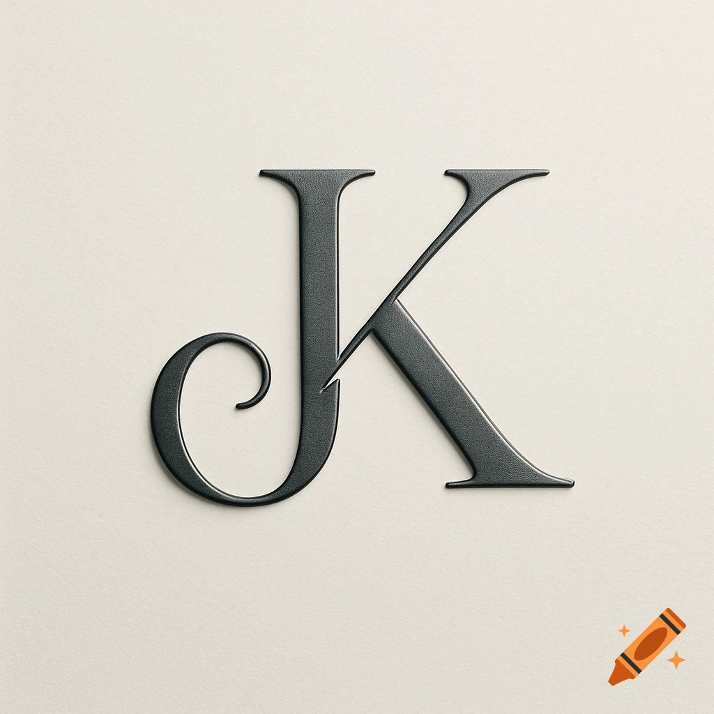 Stylized, dark gray embossed letters 'JK' on a light beige background with a subtle texture.