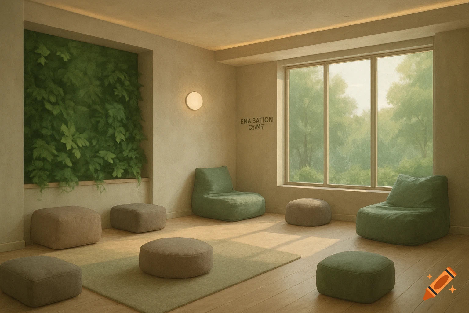 A minimalist room with green wall plants, light walls, and wooden floors. Green beanbag chairs and brown poufs are scattered. A large window offers a view of a green forest.