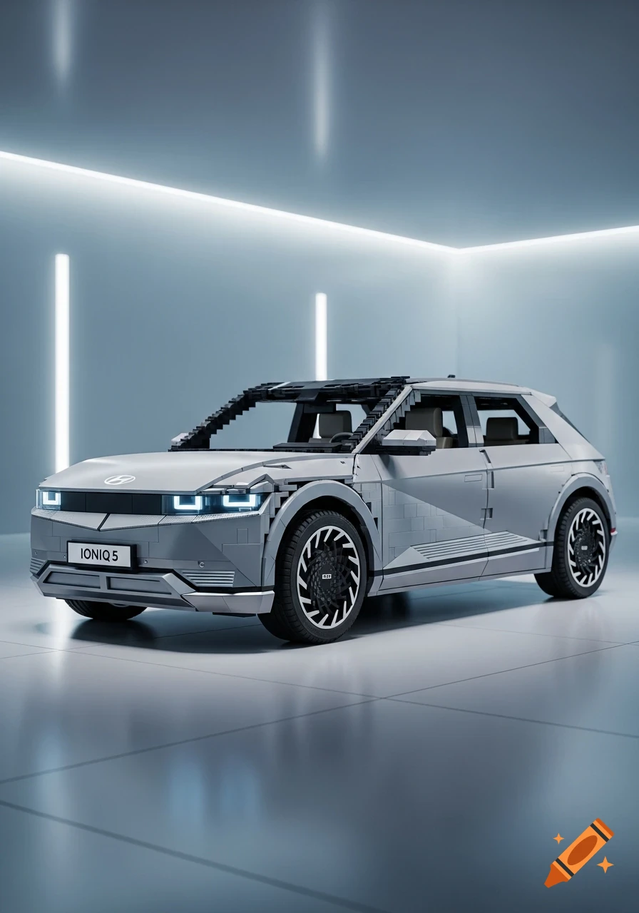 A detailed grey Lego model of a Hyundai Ioniq 5 electric car in a bright, minimalist studio.