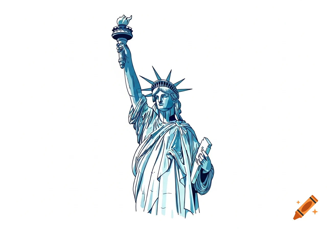 A minimalist illustration of the Statue of Liberty in blue and cyan on a white background, holding a torch and tablet.