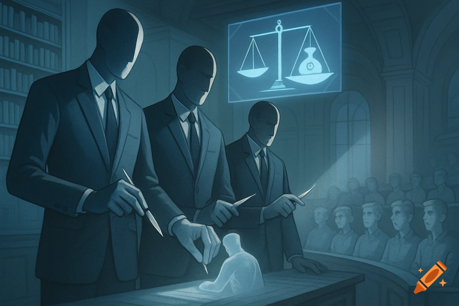 Three faceless men in suits examine a glowing figure in a courtroom, under a holographic balance of justice and money.