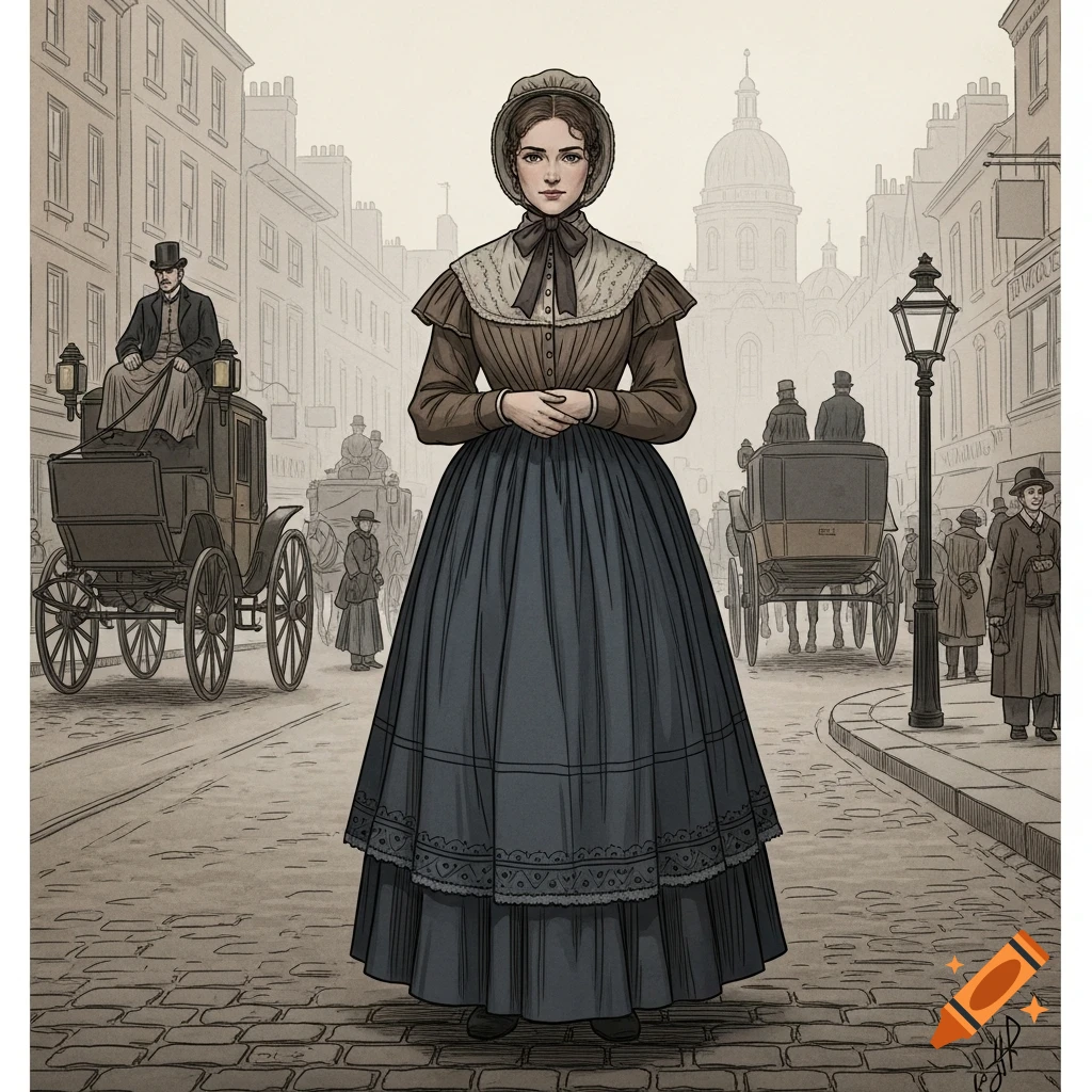 A Victorian-era woman stands facing the viewer on a cobbled street in a bustling city with carriages, in an illustrated style.