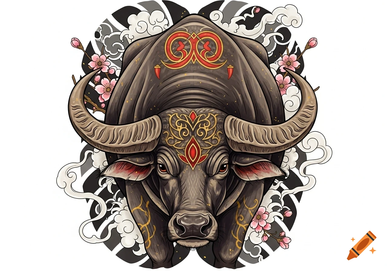 Stylized Asian water buffalo head with intricate red and gold traditional tattoo patterns, surrounded by pink cherry blossoms and gray clouds.