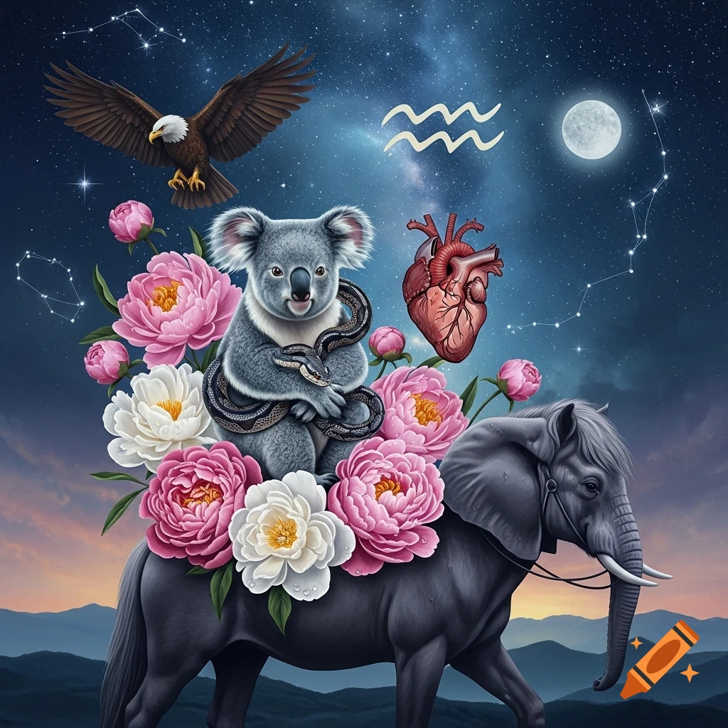 A koala with a snake on its lap sits atop a flower-covered elephant, under a starry sky with an eagle, moon, and anatomical heart.