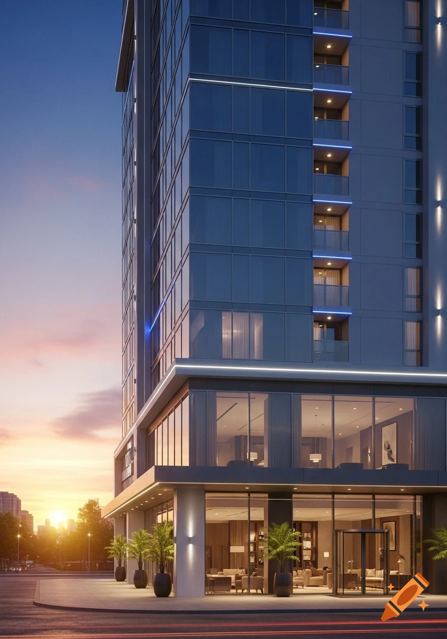 A modern hotel building with glass facades and illuminated details at sunset, with a street and city in the background.