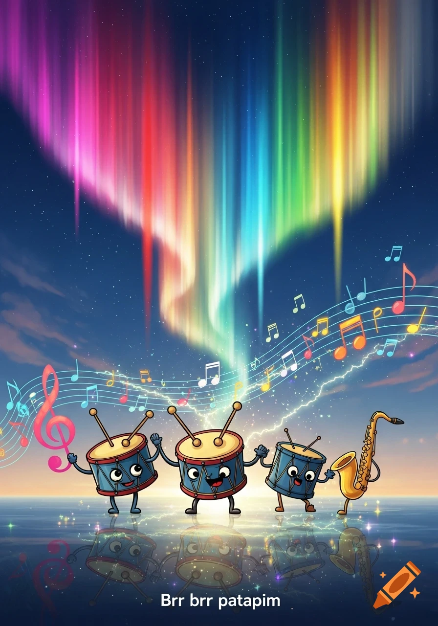 Cartoon drums and a saxophone stand on water under a vibrant, colorful aurora borealis sky filled with musical notes.