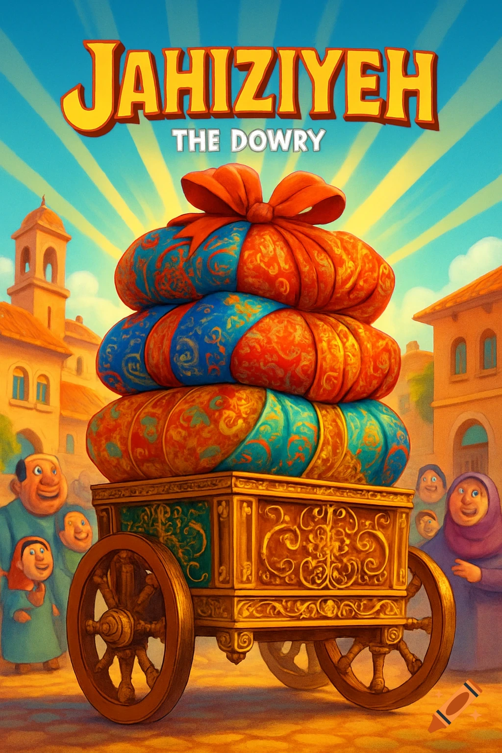 Cartoon poster reading 'JAHIZIYEH THE DOWRY' above a cart with colorful bundled gifts in a village scene with smiling people and buildings under a sunny sky.