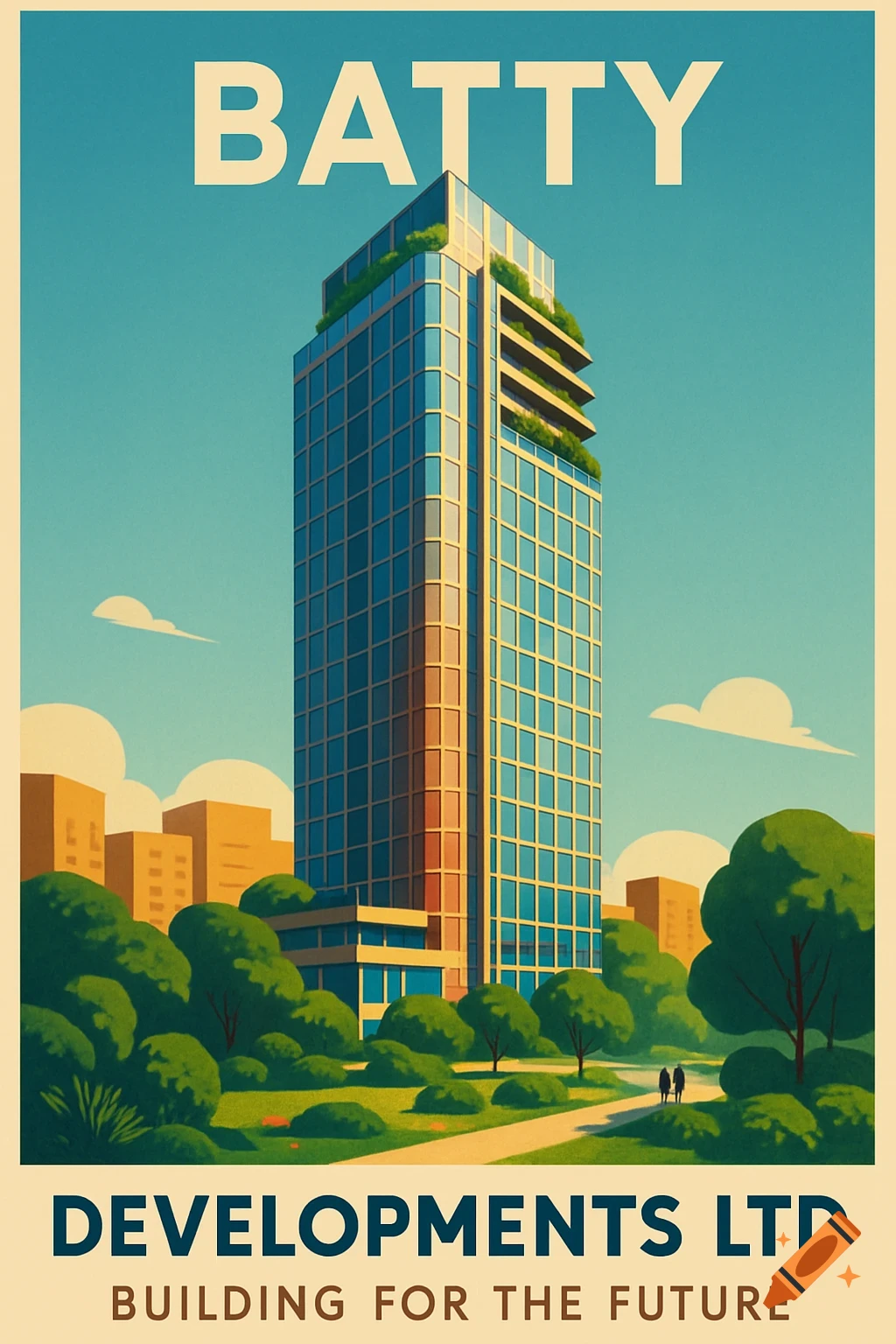 A retro-style advertising poster for Batty Developments Ltd, featuring a tall, modern glass building with green rooftops, surrounded by trees and smaller buildings under a clear blue sky.