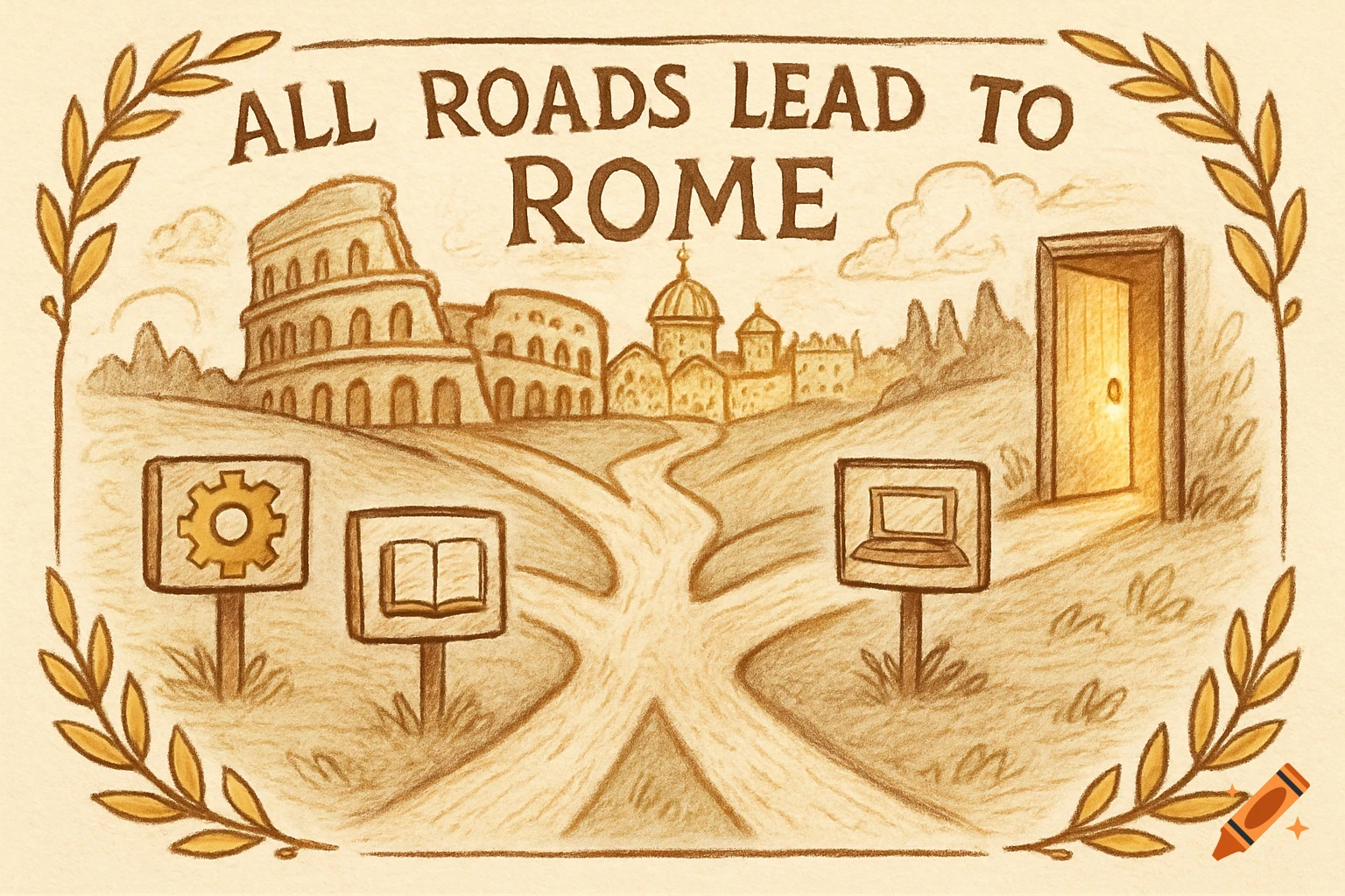 Sepia sketch: 'All Roads Lead to Rome' text above diverging paths leading to a Roman cityscape with the Colosseum and an open glowing door, with signs for a gear, book, and laptop.