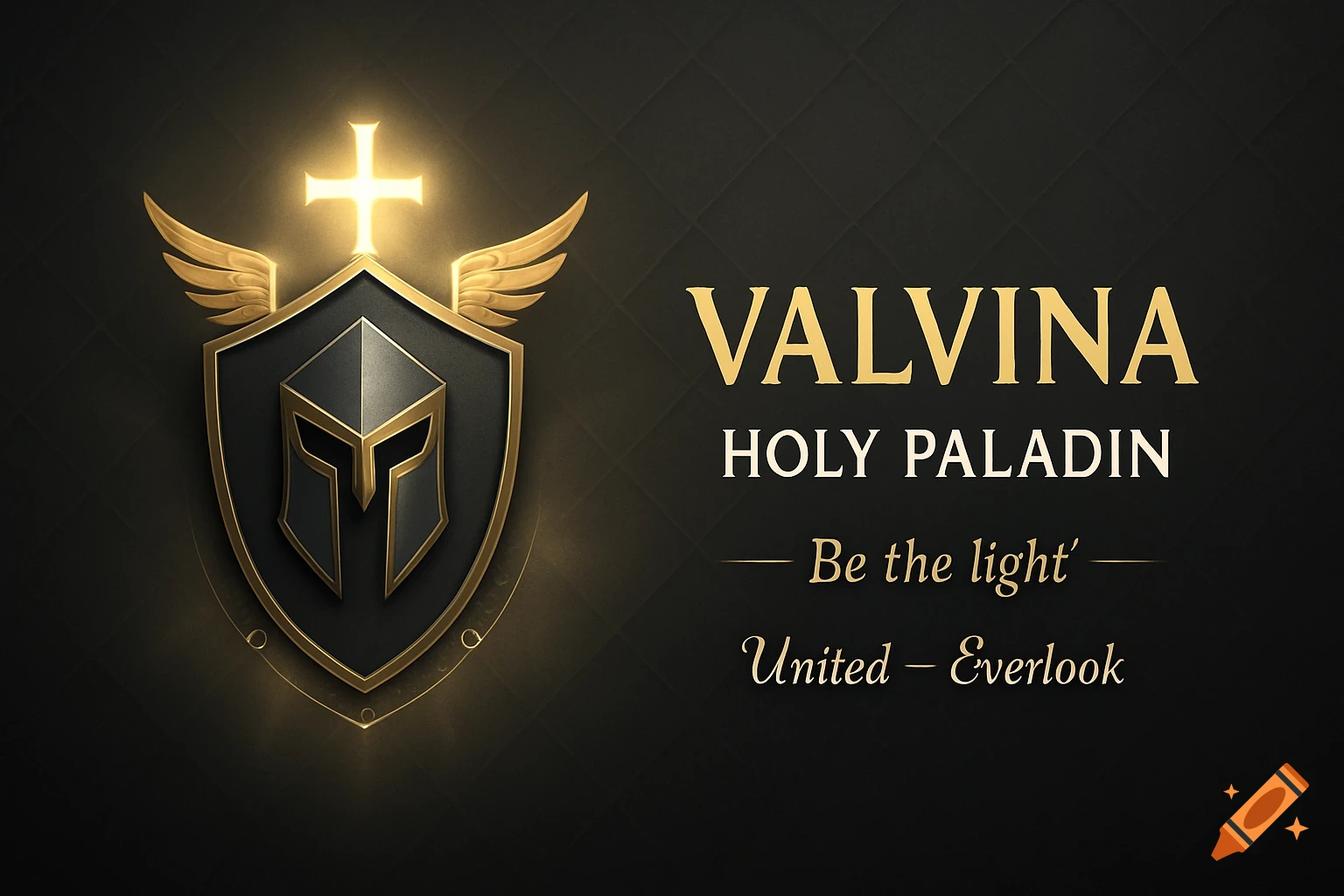 A gold and dark gray holy paladin emblem with a helmet, wings, and glowing cross, next to 'VALVINA HOLY PALADIN' text.