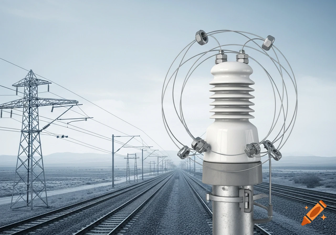 Photorealistic image of a porcelain pin insulator in the foreground with railway tracks, power lines, and an electrical tower in the distance.