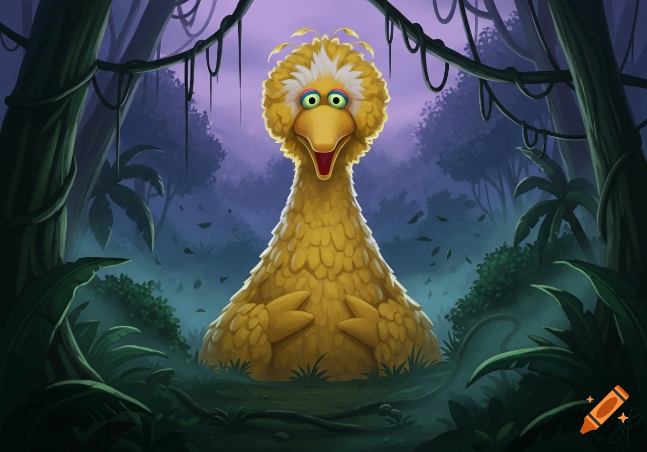 Big Bird from Sesame Street with wide eyes in a dark, stylized jungle with vines and lush foliage.