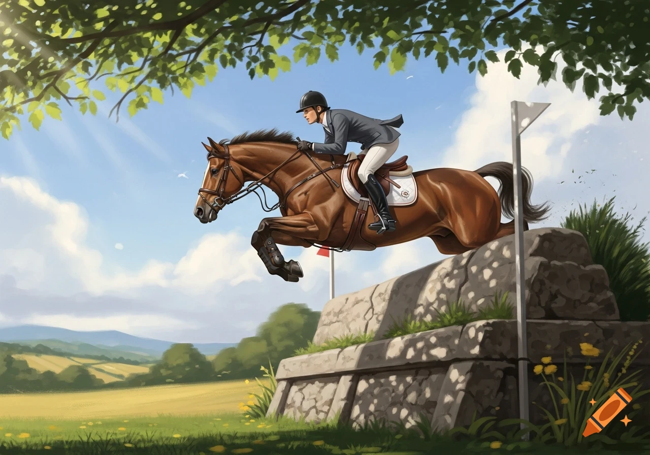 A brown horse with a rider in equestrian gear jumps over a stone obstacle in a sunny, green field landscape, illustrated.