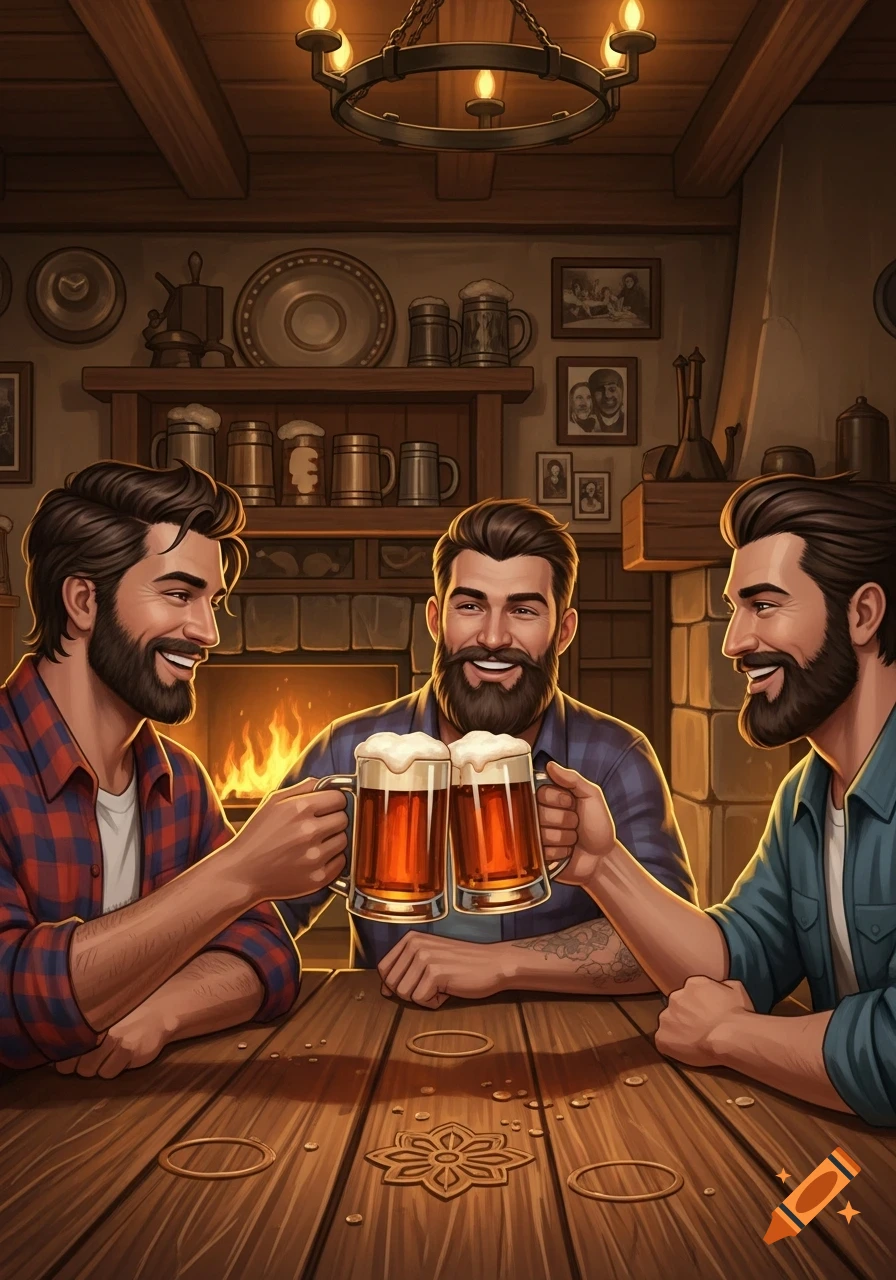 Three bearded men toast with beer mugs at a rustic wooden table in a cozy pub with a fireplace, smiling.