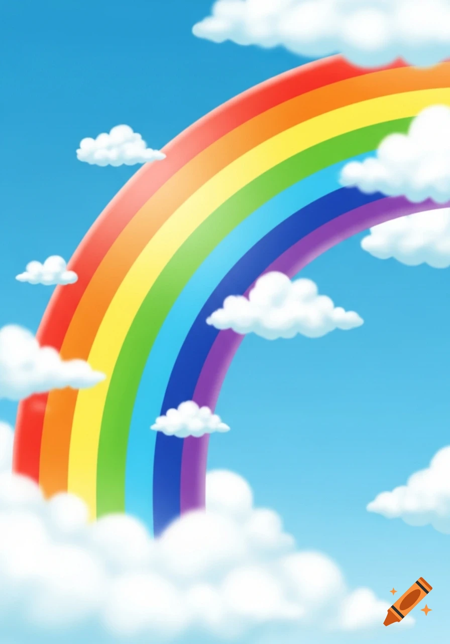 A vibrant cartoon rainbow arcs across a bright blue sky filled with fluffy white clouds.