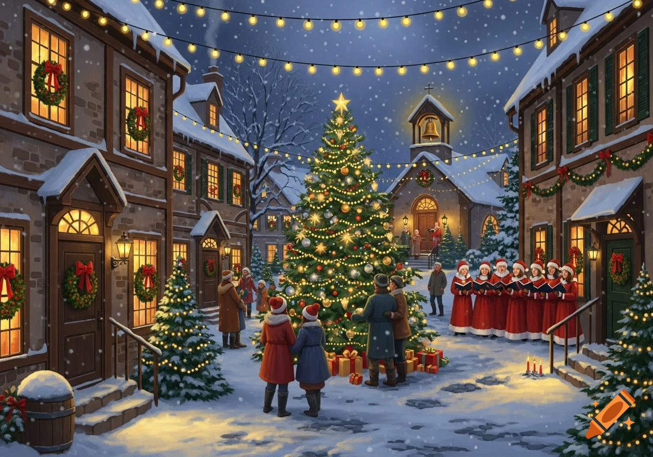 A festive, snowy Christmas village scene at night with a large decorated tree, carolers, and illuminated buildings.