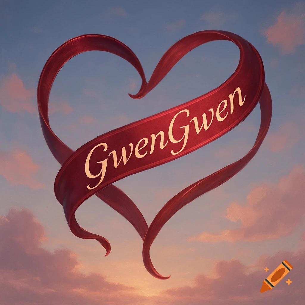 A red ribbon forming a heart shape with "GwenGwen" written on it, set against a soft sunset sky with clouds.