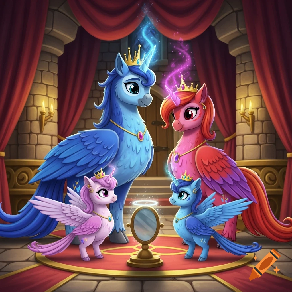 A royal family of blue and pink unicorn-parrots with crowns stands in a castle chamber around a glowing mirror.
