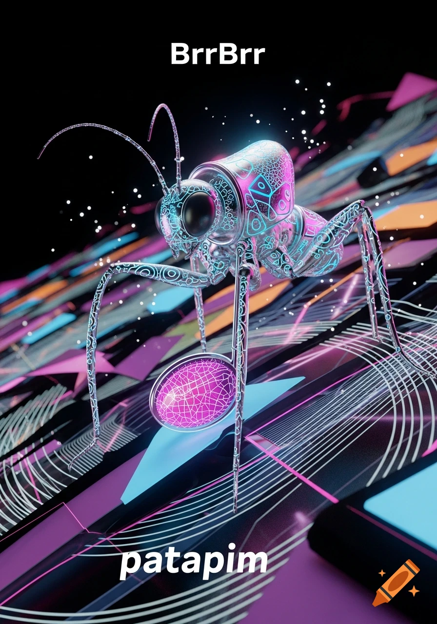 A glowing, neon-patterned futuristic insect with 'BrrBrr' and 'patapim' text, on an abstract purple and blue background.