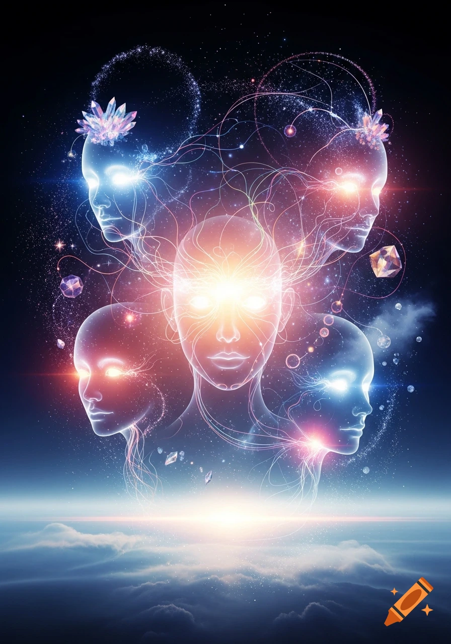 Multiple luminous, ethereal faces with glowing eyes, surrounded by cosmic dust and light tendrils, above a cloudscape, digital art.