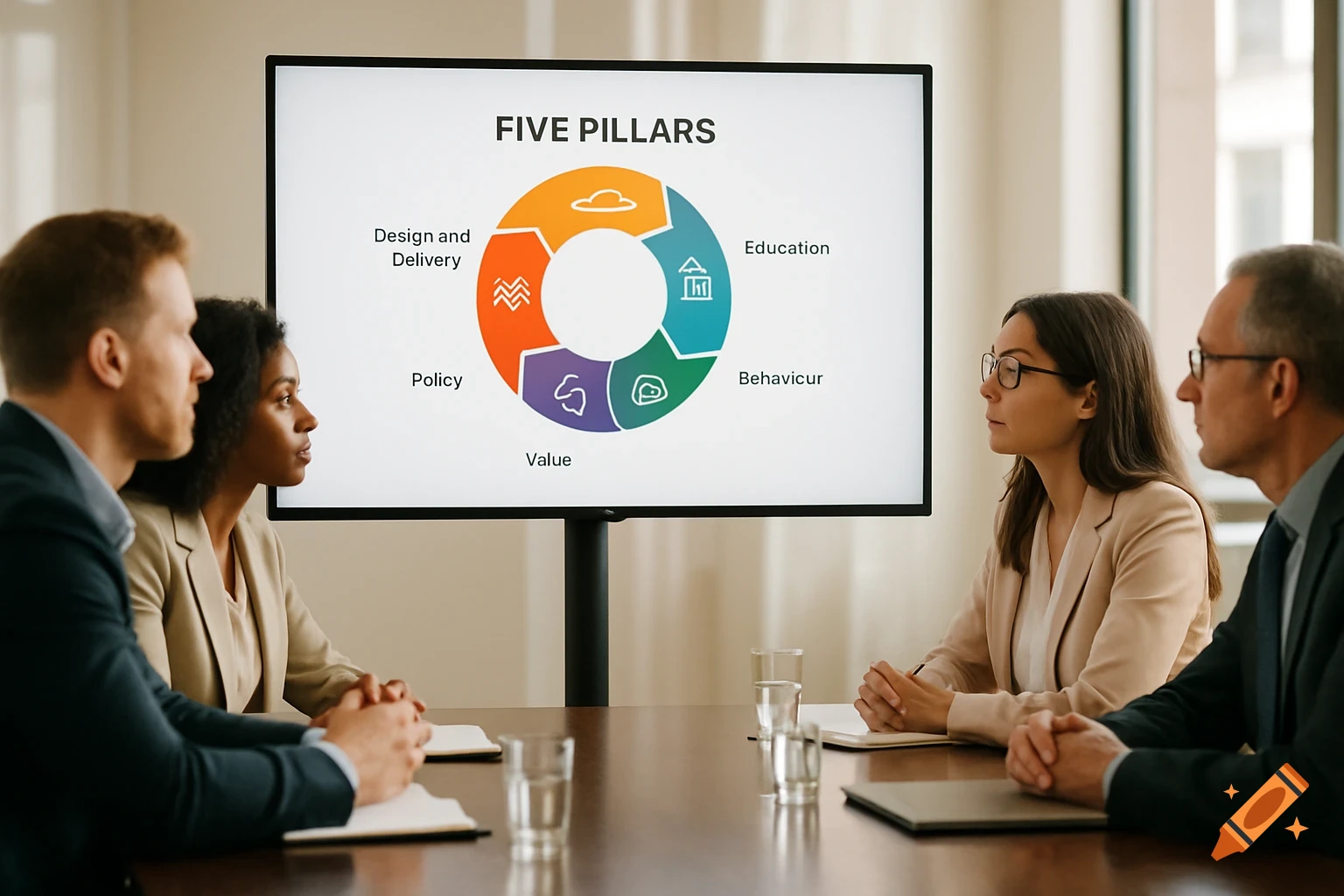 Four professionals in a meeting room watching a presentation on a screen displaying "FIVE PILLARS" with a diagram and labels.