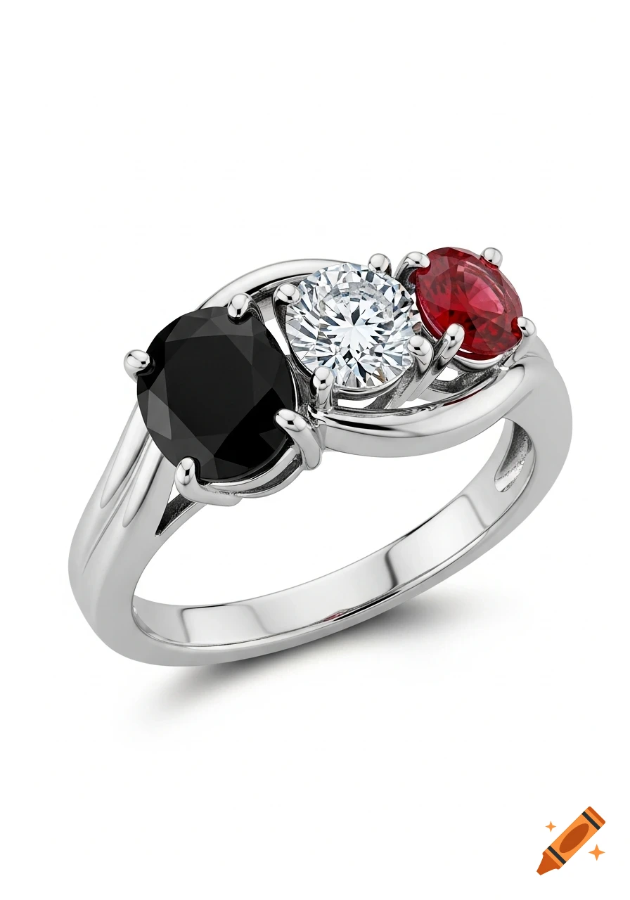 Photorealistic white gold ring with a black onyx, a white brilliant, and a red ruby gemstone.