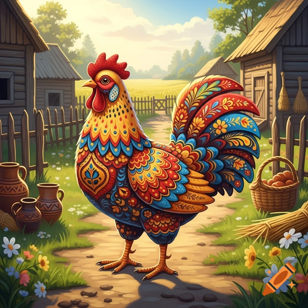 A vibrantly colored folk art chicken with intricate patterns stands on a dirt path in a sunny village setting.