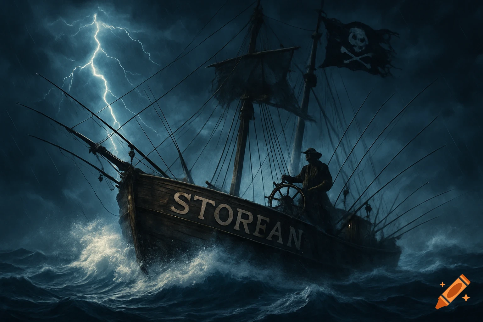 A photorealistic pirate ship named Storfan sails through a stormy sea with a pirate at the helm and lightning striking the dark sky.