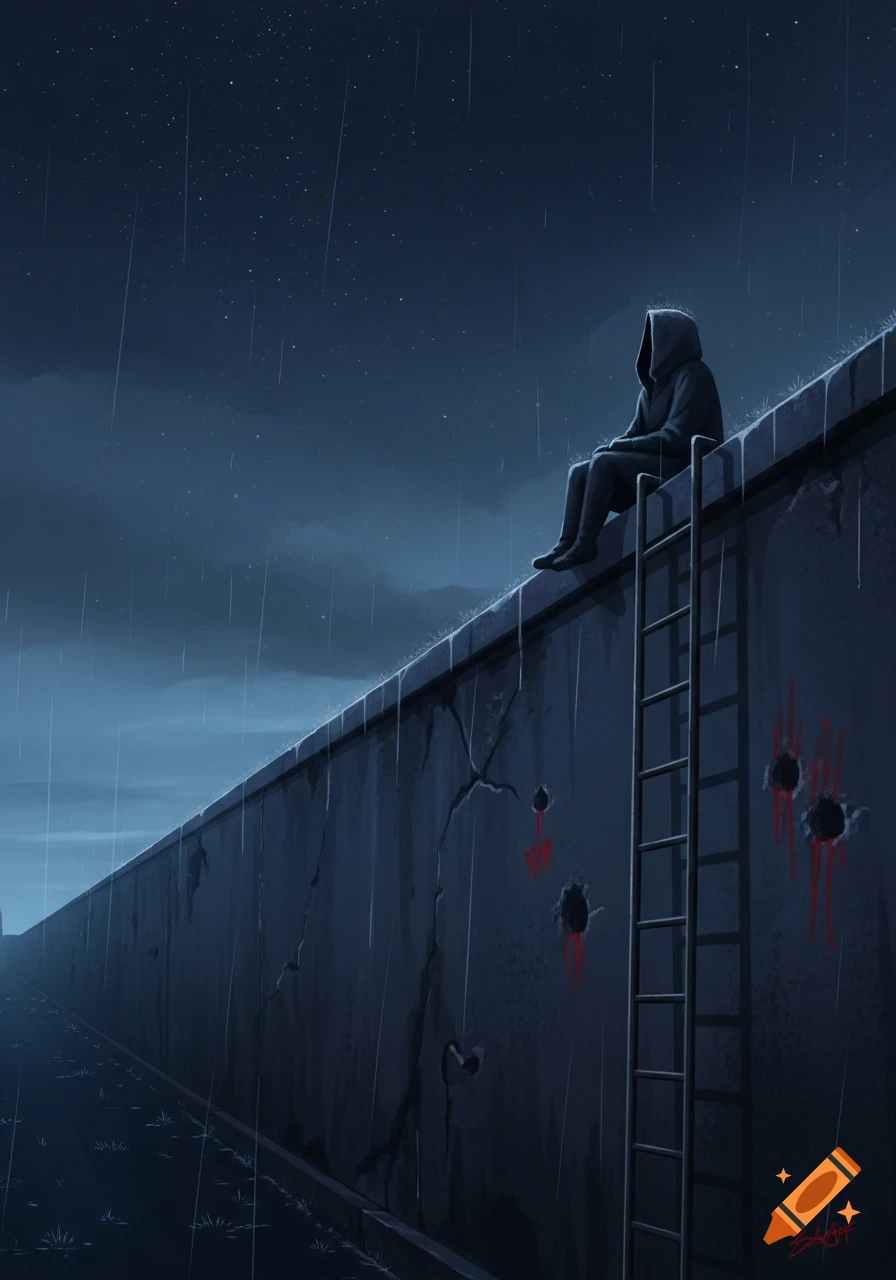 A hooded figure sits on a concrete wall in the rain at night, next to a ladder and bullet holes with red marks.