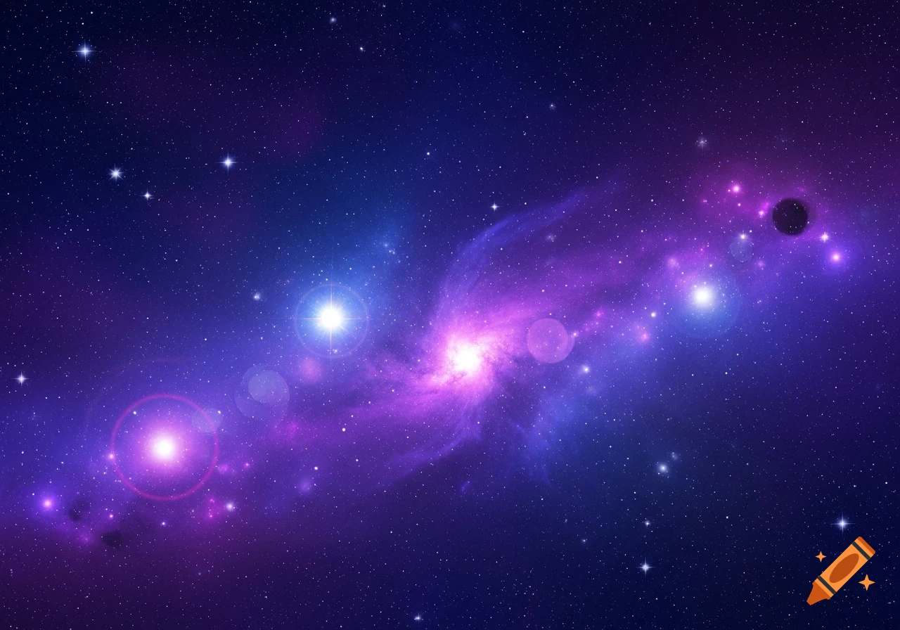 A vibrant purple and blue galaxy, filled with countless stars, glowing nebulae, and bright celestial bodies.