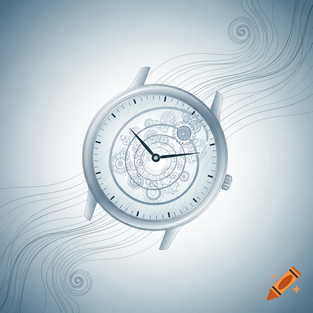 A stylized watch face with visible gears and clock hands, surrounded by elegant, flowing curved lines on a light blue-grey background.