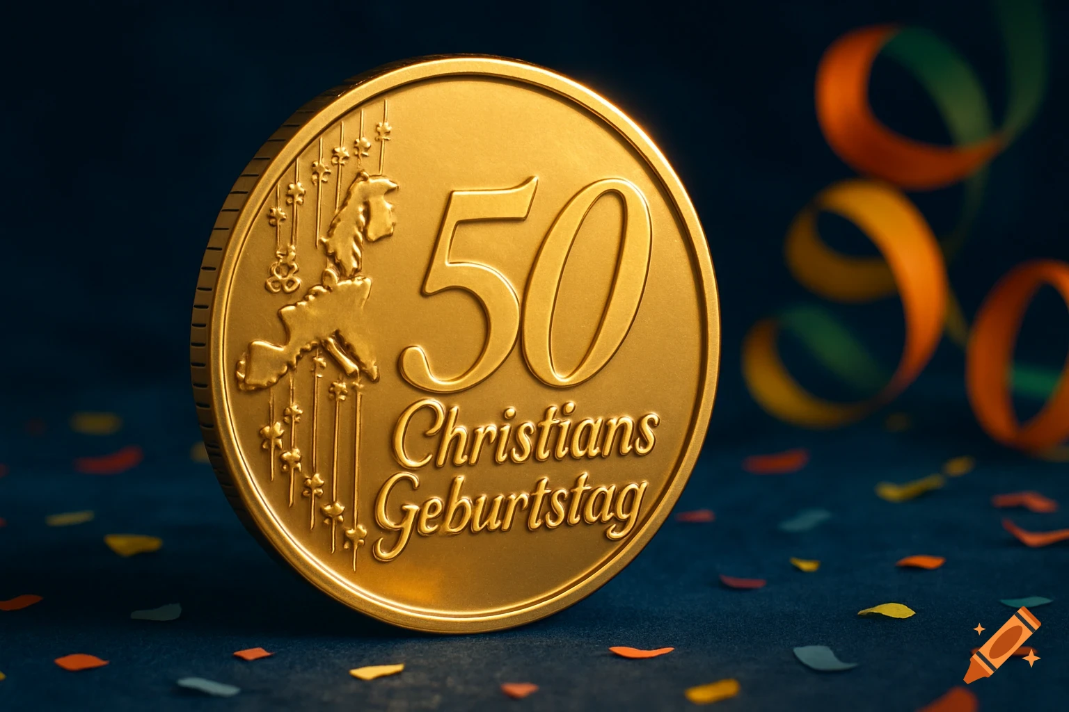 A golden coin with '50 Christians Geburtstag' text, surrounded by colorful confetti and ribbons on a dark blue surface.