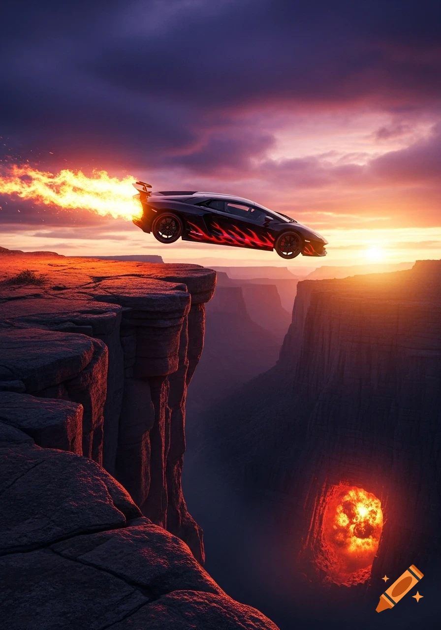 A black Lamborghini with red flames flies off a cliff into a canyon at sunset, with an explosion in a cave below.