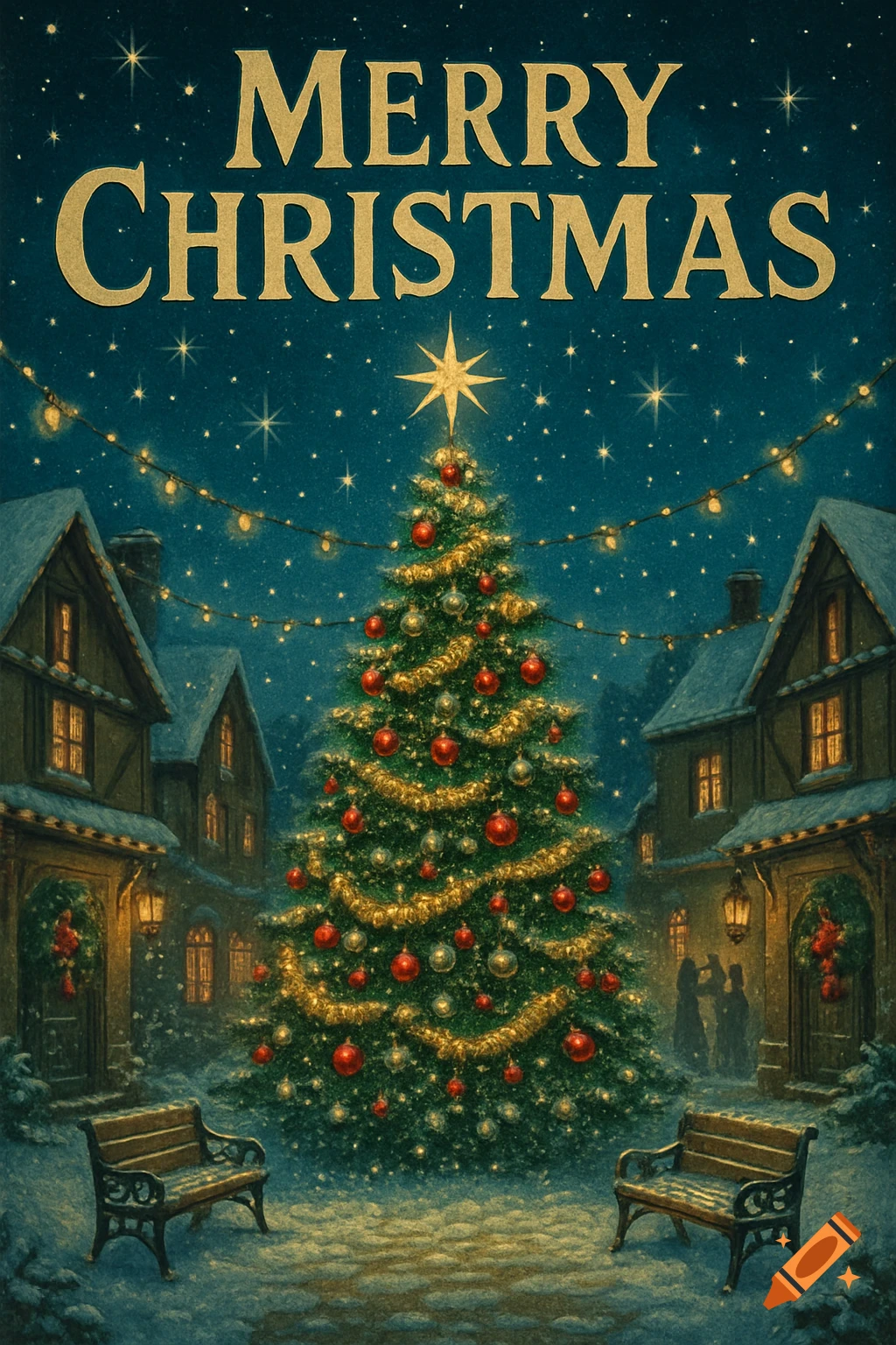 A vintage-style Christmas poster showing a snowy village street at night, with a brightly lit Christmas tree and houses under a starry sky, text 'MERRY CHRISTMAS' at the top.