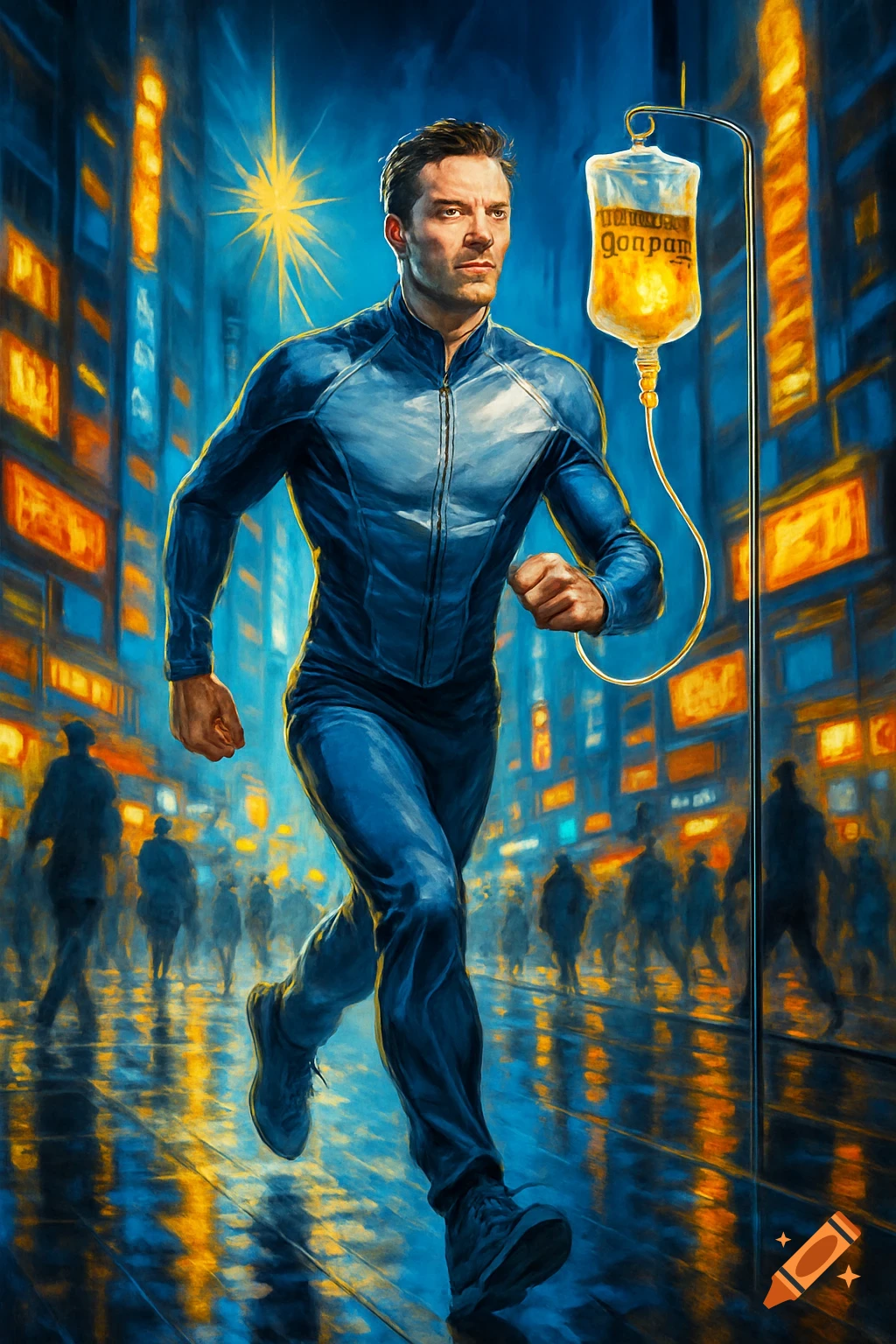 A man in a blue tracksuit runs through a neon-lit city street at night, with an IV drip connected to him.