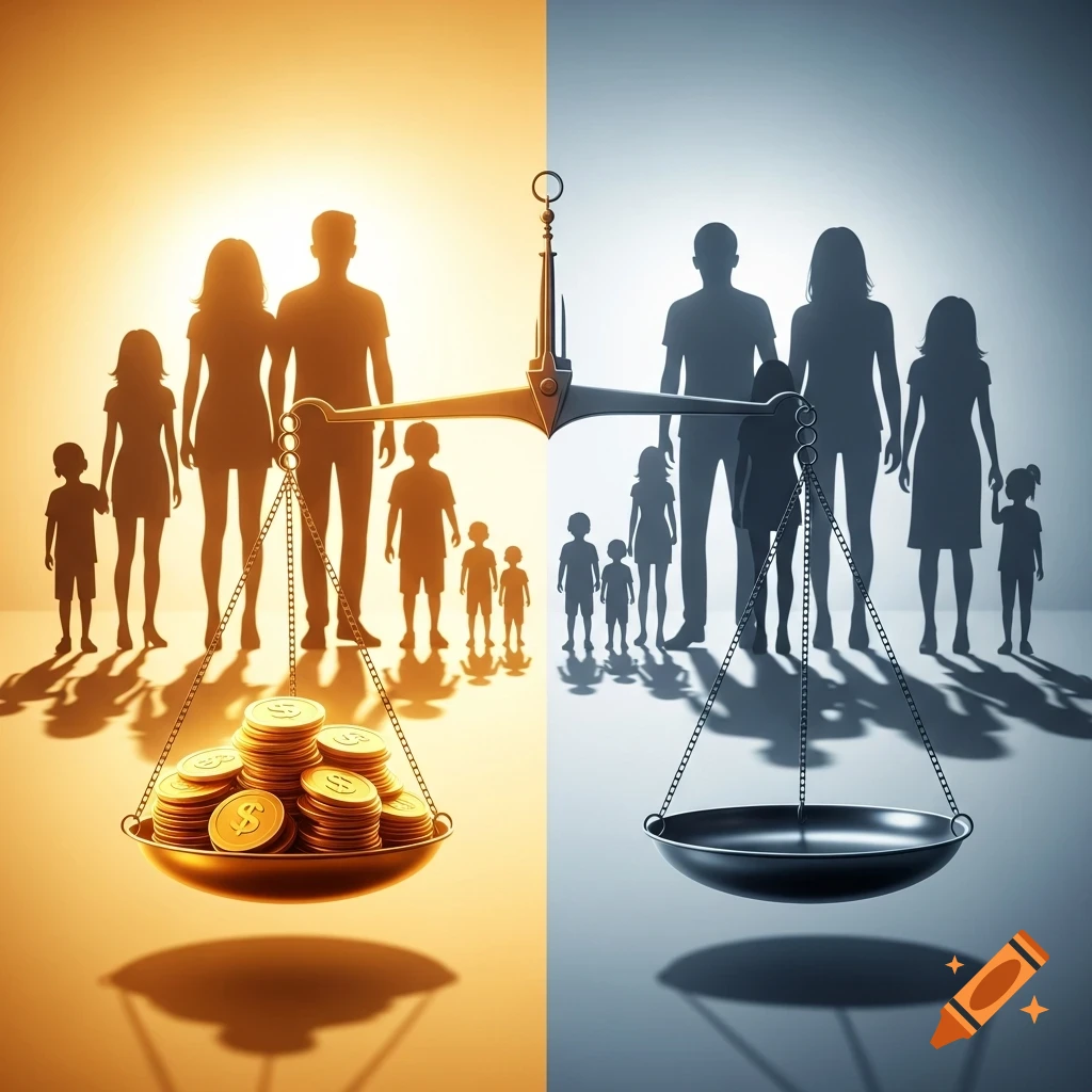 Golden and grey silhouettes of families on a scale; one side with money, the other empty, symbolizing inequality.