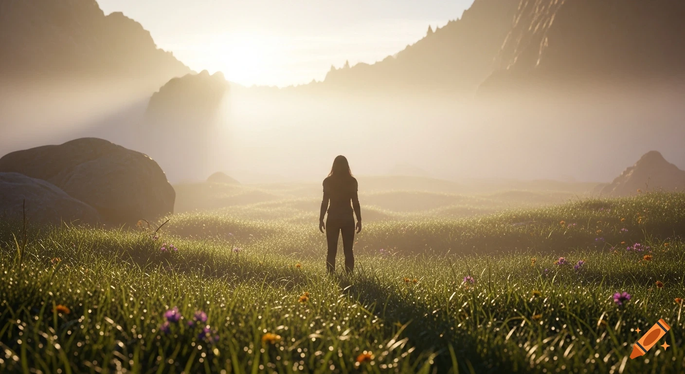 A person stands in a dew-covered, sunlit grassy field with wildflowers, facing misty mountains in a cinematic shot.