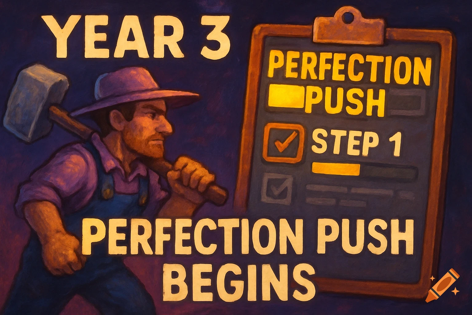 A determined farmer with a hammer beside a checklist board shows "PERFECTION PUSH STEP 1" is complete. Text: "YEAR 3 PERFECTION PUSH BEGINS", painted style.