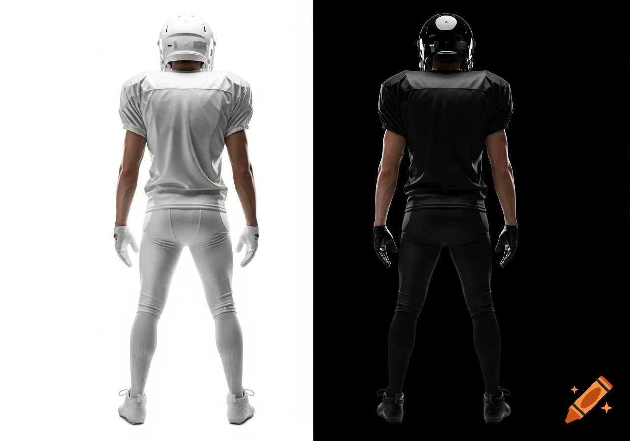Rear view of two identical American football players, one in a white uniform on a white background, the other in a black uniform on a black background.